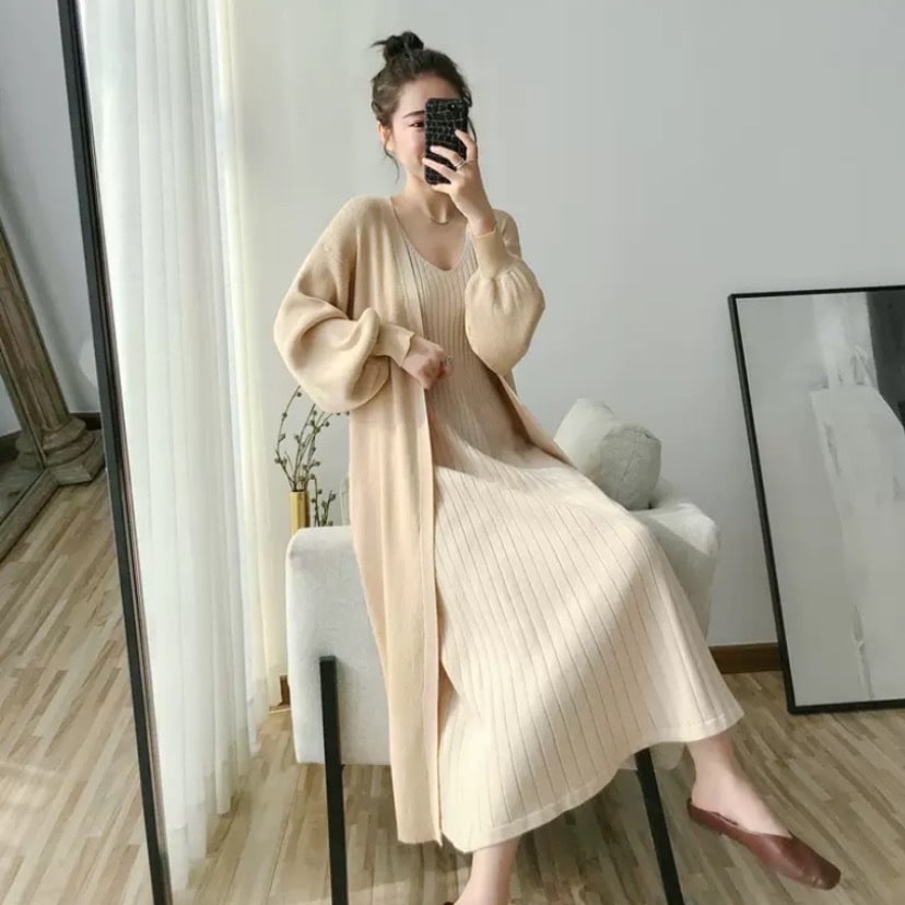 トップス カーディガン ベージュ ロングカーディガン 前開き 上着 ロング ロング丈 長袖 ドロップショルダー 萌袖 ストレート ワイド ポケット 前開き ケーブルニット ニット かわいい 大人可愛い