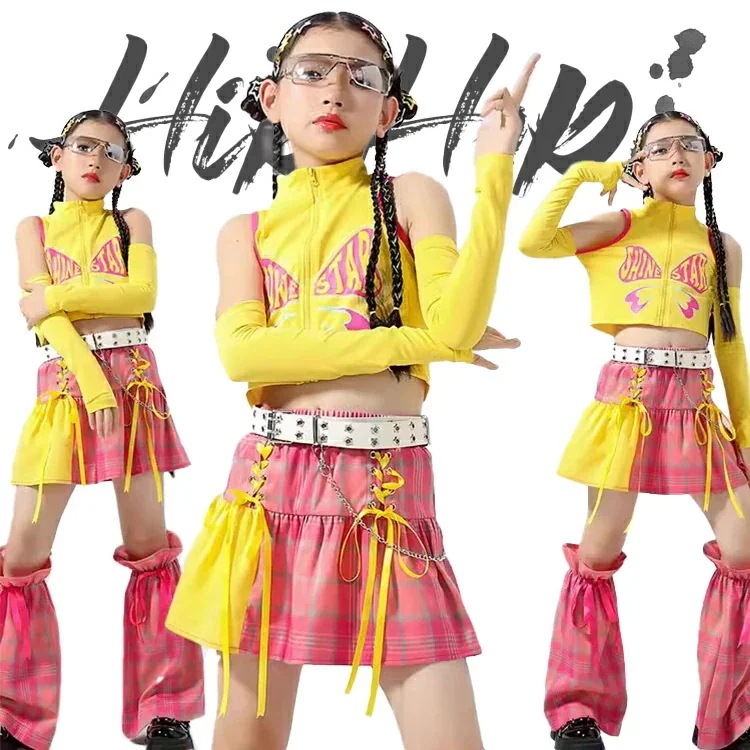 子供服 キッズ ダンス ダンス衣装 女の子 ガールズ 長袖 へそ出し イエロー ピンク 肩出し シャツ スカート レッグウォーマー ダンスウェア 発表会 応援団 イベント ジュニア カッコイイ 普段着