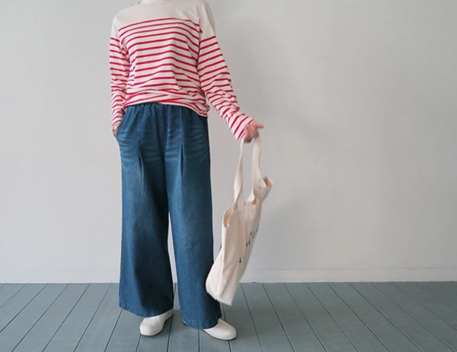 レディース パンツ ボトムス Gパン ワイドパンツ ロング ワイド 裾ワイド ポケット ウェストゴム デニム ブルーデニム 中厚手 かわいい 大人可愛い シンプル カジュアル おしゃれ かっこいいデニム・ジーンズ