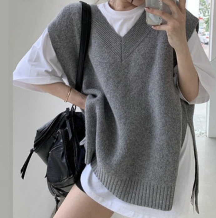ニットソー セーター レディース ベスト ノースリーブ Vネック かわいい 大人可愛い きれいめ シンプル カジュアル 無地 春 秋 学生 通学 グレー ライスグレー ブラウン ブラック トップス