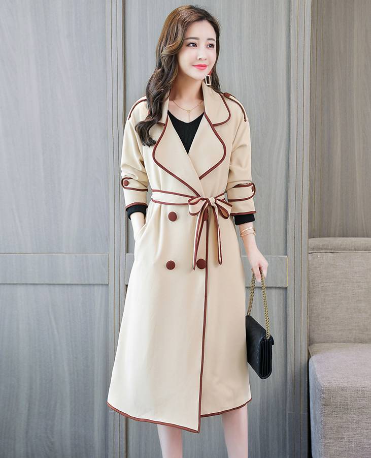 トレンチ コート ダブル レディース バイピング ミモレ 膝下 Vネック テーラードカラー ポケット リボン ベルト 大きいサイズ アプリコット ブルー 大人可愛い かっちり おしゃれ お出かけ 通勤