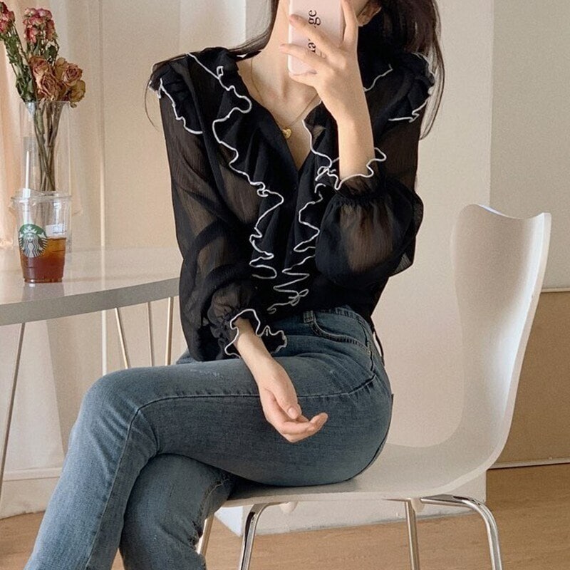 トップス ブラウス 韓国 レディース 春 秋 冬 Vネック ビッグ フリル 前開き 透け感 シースルー オフィス 上品 モテ 大人女子 きれいめ デート お呼ばれ 二次会 入学式 卒業式 5,433円