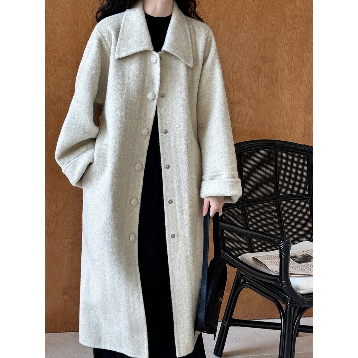 女性用プロファイルラペルシングルブレスト両面ウールコートミニマリストオールドマネースタイルオーバーザニーコート5055