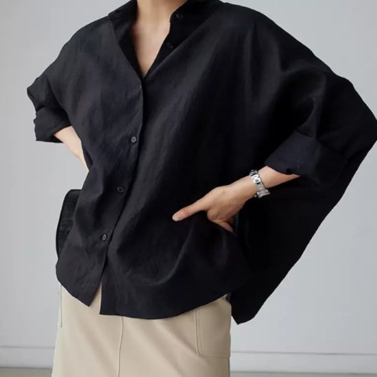 長袖シャツ レディース シャツ ブラウス トップス スタンドカラー ルーズシルエット フロントボタン シンプル 無地 カジュアル お出かけ おしゃれ オフィス OL コットンリネン 黒 白