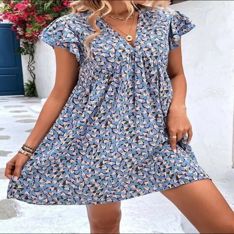 新作 レディース ファッション オシャレ フリル 半袖 カワイイ vネック aライン スカート ゆったり シフォンワンピース ショート 花柄