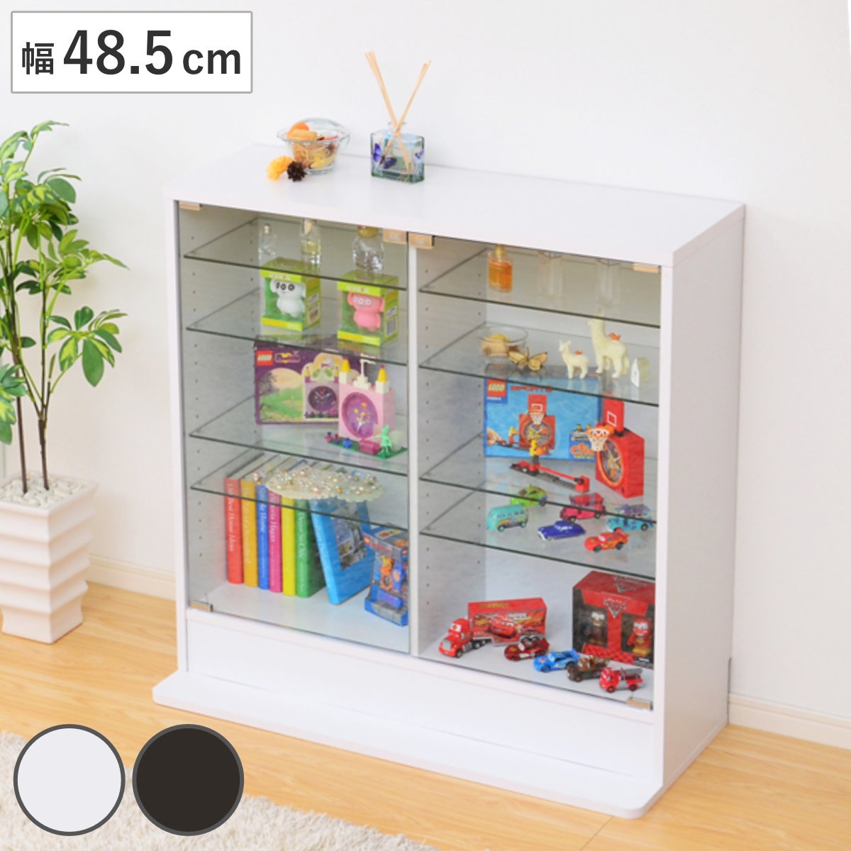 コレクションラック 幅90cm ワイド ロー 深型 ショーケース ウィスキー棚 ラック コレクション ガラスキャビネット ガラス棚板 キャビネット ディスプレイ ガラス 可動棚 収納 ホワイト