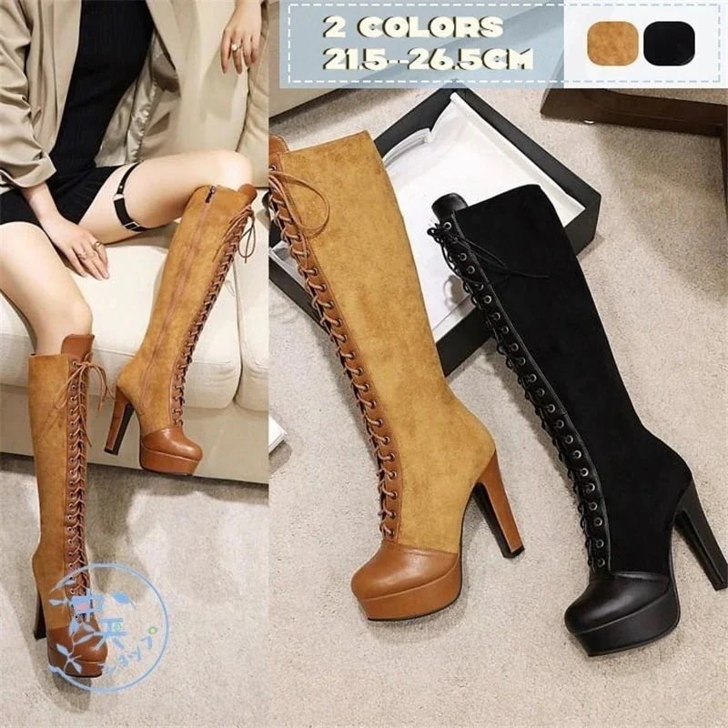 ロングブーツ ブーツレディース ハイヒール ピンヒール ヒール12cm 編み上げ 舞台用 パーティー