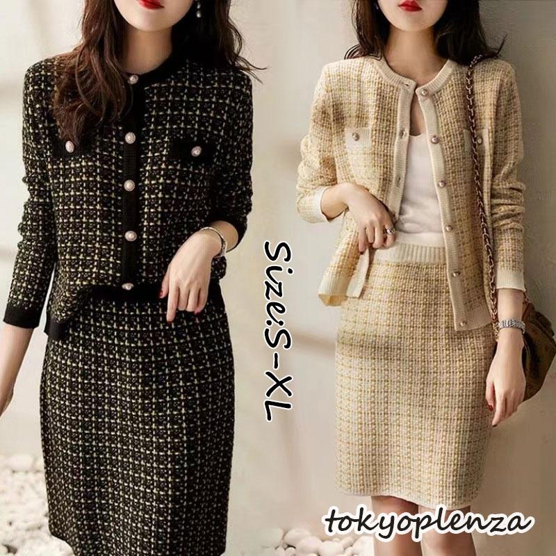 セーターセット 通勤 秋冬 ニットセットアップ 着痩せ ニットタイトスカート 長袖 チェック柄 オシャレ レディース ニットカーディガン