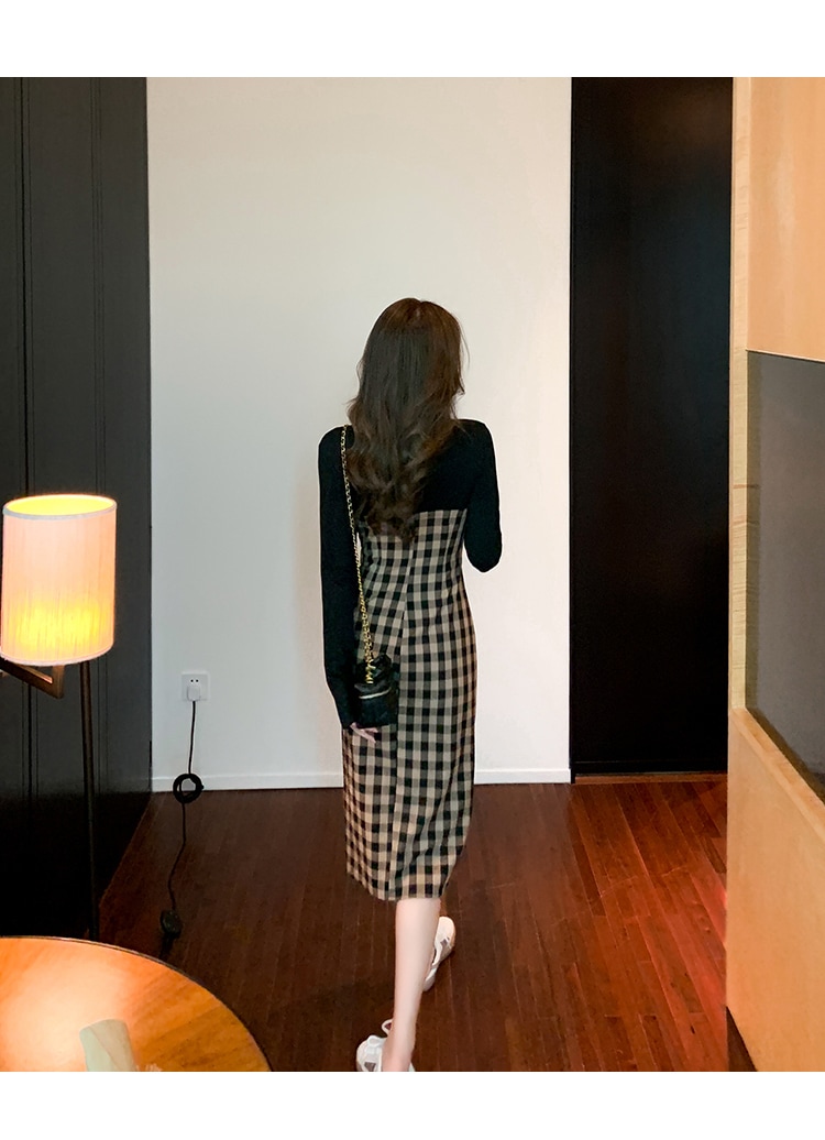 スカート ワンピース ロングスカート 膝下 ミモレ ミモレ丈 ロング ロング丈 7分丈 ミディアム丈 袖あり 長袖 ラウンドネック タイト Aライン 切り替えデザイン ドッキング スリット