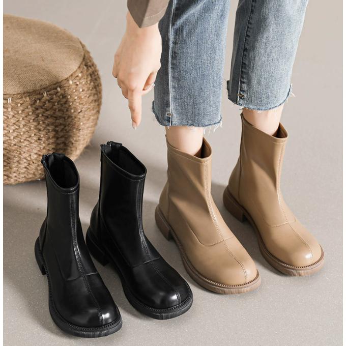 暖かくて面白い冬を購入してくださいショートブーツ レディース 歩きやすい ラウンドトゥ PU ローヒール バックジッパー 柔らかい ストレッチ 大人 カジュアル 履きやすい 美脚 おしゃれ 黒 白 茶