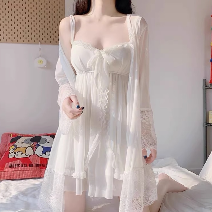 レディース スカート ワンピース パジャマ キャミソール 部屋着 セットアップ 上着 ナイトドレス ネグリジェ 羽織 ミニスカート ミニ ショート 長袖 ワイド フェミニン レース リボン 薄手