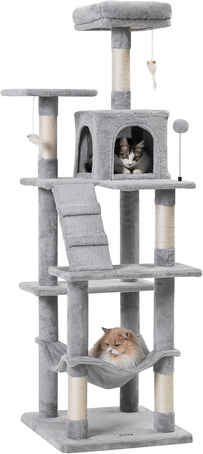 Mwpo キャットタワー ハンモック 多頭飼い 人気 据え置き スリム設計 大きいハンモック ライトグレー ベッド 多頭飼い (高さ162cm) 130B