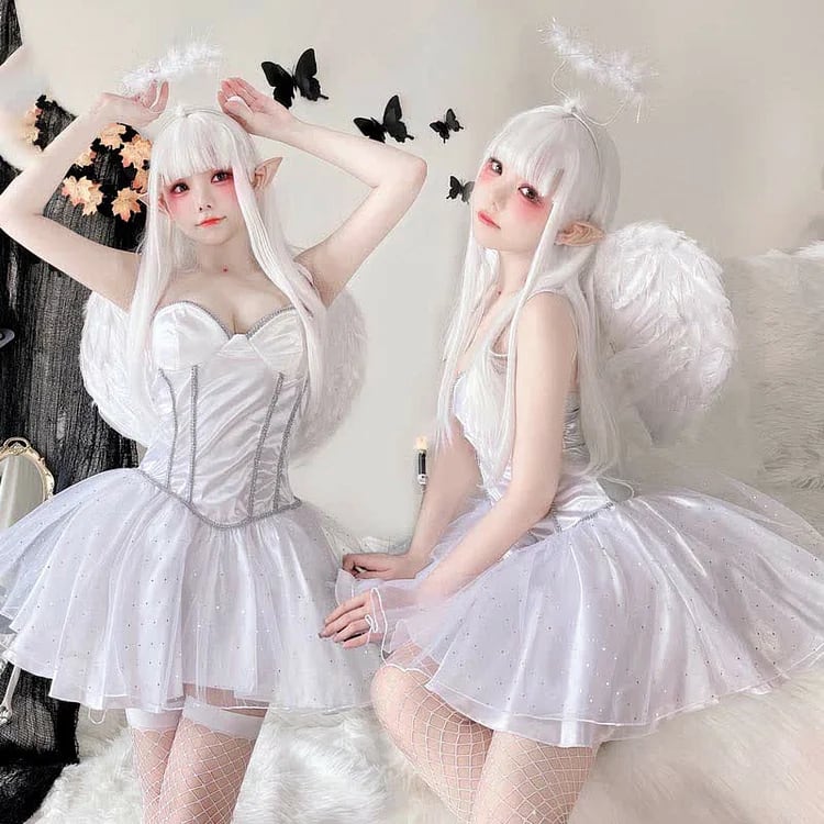 （3点セット）ハロウィン エンジェル コスプレ オフショルダー レース ドレス 翼付き M XL セットアップ