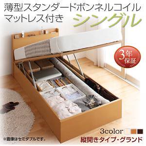 国産 跳ね上げ収納ベッド [Freeda]フリーダ [薄型スタンダードボンネルコイルマットレス付き] 縦開き シングル 深さグランド [フレーム色]ホワイト