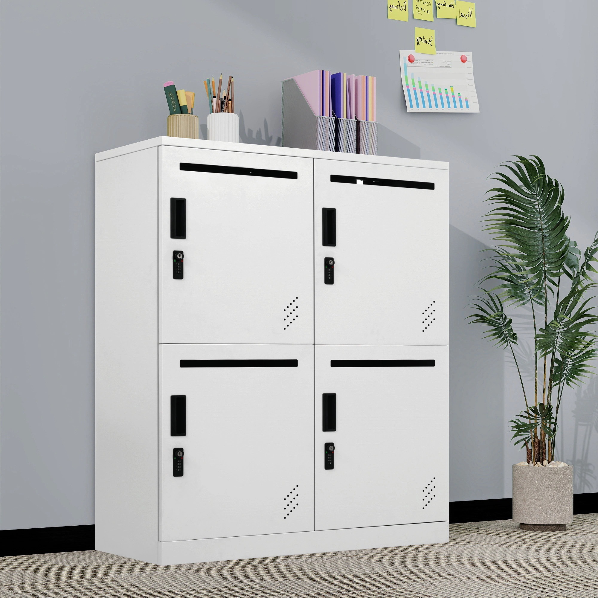 【当日発送/無料配達】パーソナルロッカー 4人用 2段 スチール製 キャビネット 収納棚 スリム 収納 オフィス 事務所 会社 店舗 病院 学校 更衣室 寝室 業務用 通気性抜群 簡単組立 頑丈 ホワ