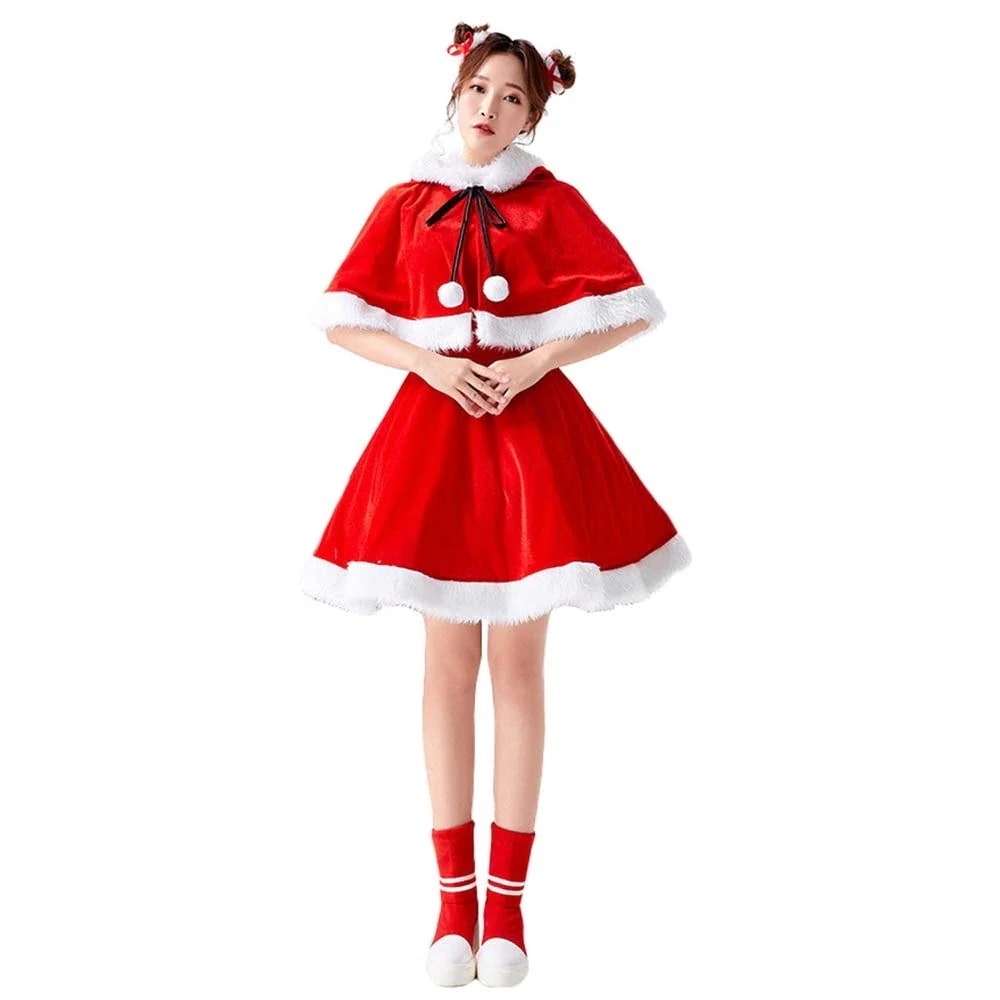 サンタ クリスマス コスプレ 衣装 チャイナ風 コスチューム ワンピース ひざ丈 お団子 ケープ 赤 可愛い 防寒 暖かい ふわふわ 女性 レディース 大人用今日は30パーセント 4,605円