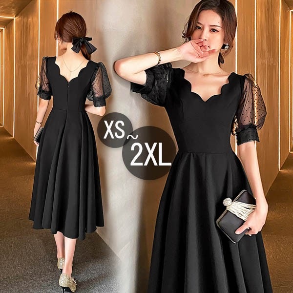 ドレス ミモレ丈 大人 ピアノ 発表会 ドレス 演奏会 ミディアムドレス 袖あり パフスリーブ 透け感 スクエアネック サテン パーディードレス Aライン フォーマル 小さいサイズ ファスナー 可愛い