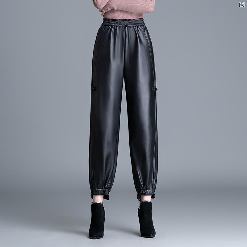 レザーパンツ レディース ウエスト ゴム パンツ 秋冬 韓国 カジュアル ハイウエスト スリム キャロット 九分丈