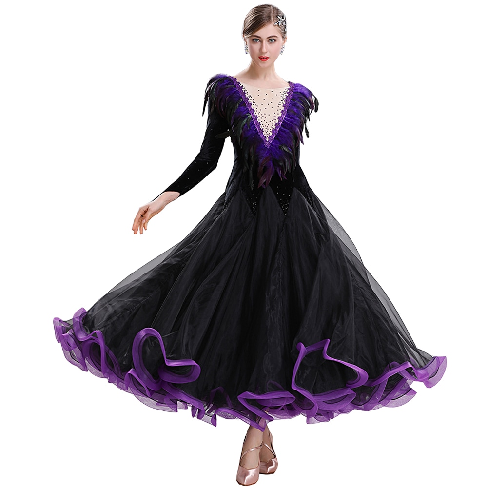 社交ダンス モダンドレス ワンピースドレス 大きい裾 豪華 演出服 ブラック スタンダードドレス 羽付き インターナショナルダンス 競技会 ワルツ服 練習着 競技用 ステージ衣装 パーティー パー