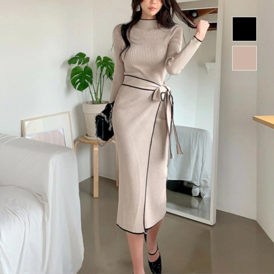 秋の新作 タイムセール 美ラインですらっと見せる！リボン付リブニットワンピース　膝下ワンピース　大人　シンプル　きれいめ　女性らしい　可愛い　タイトワンピース　韓国　ハイネッ 2枚購入で200円OFF