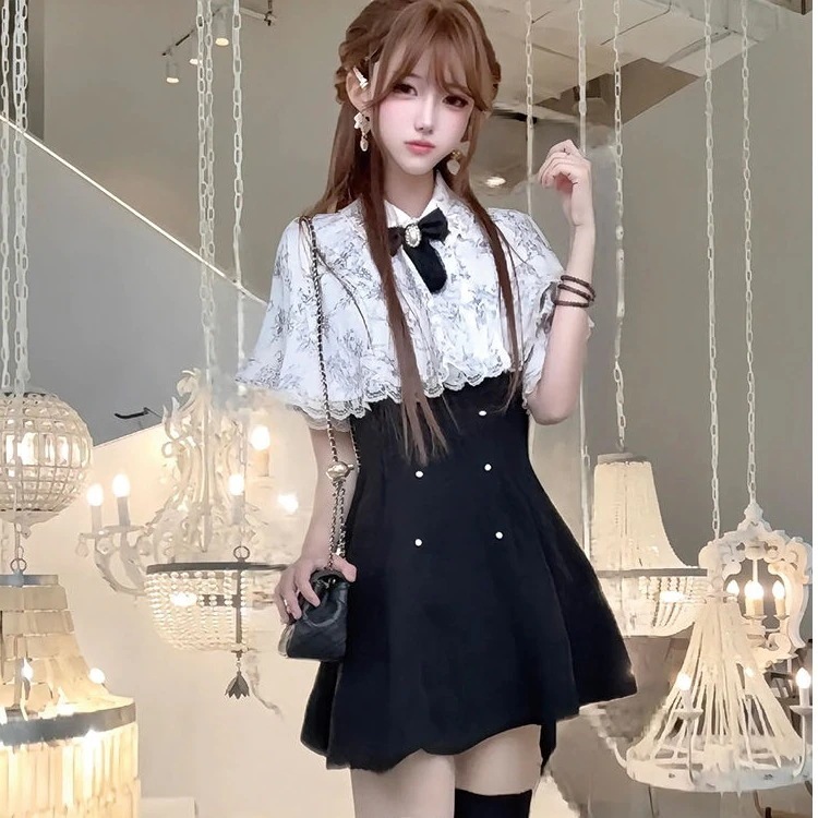 【急速発送】地蕾系量産型スーツリボンレース+マント2点セット夏メイド服秋の万能アイテム