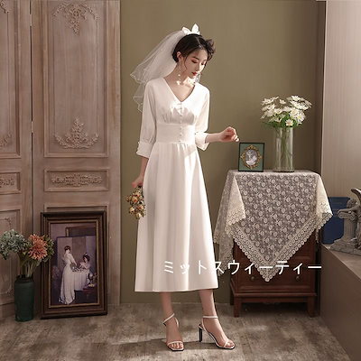 Qoo10] ウェディングドレス Aライン 7分袖 V