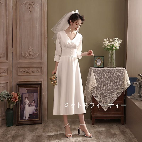 Qoo10] ウェディングドレス Aライン 7分袖 V