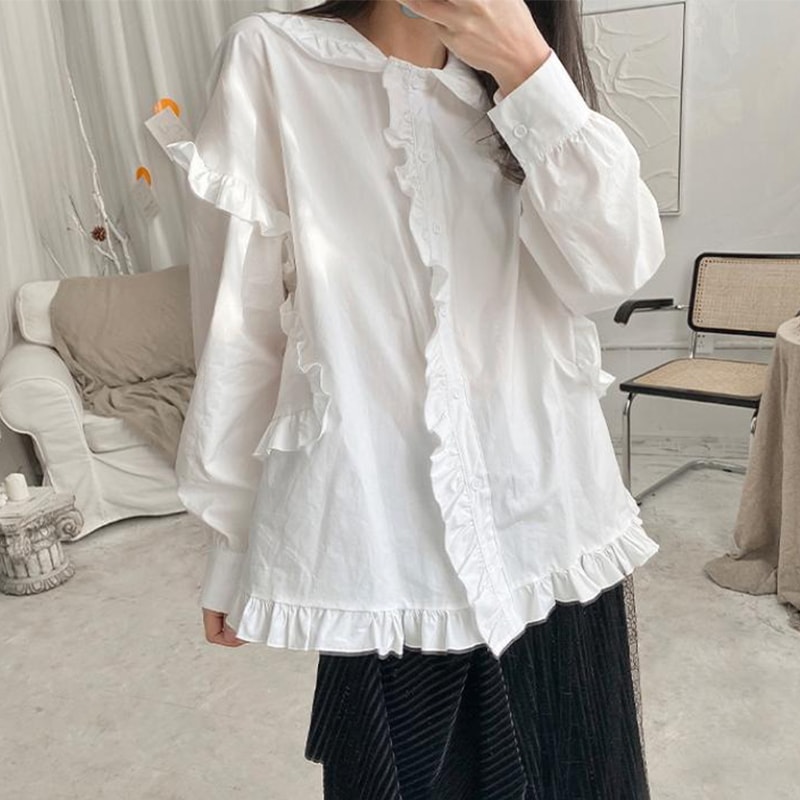 春の新作レディース長袖シャツファッションフリルルーズシャツアートフレンチシャツニッチデザイン無地多目的ファッショントレンドレディースシャツルーズで快適なラージサイズシャツレディースカジュアル