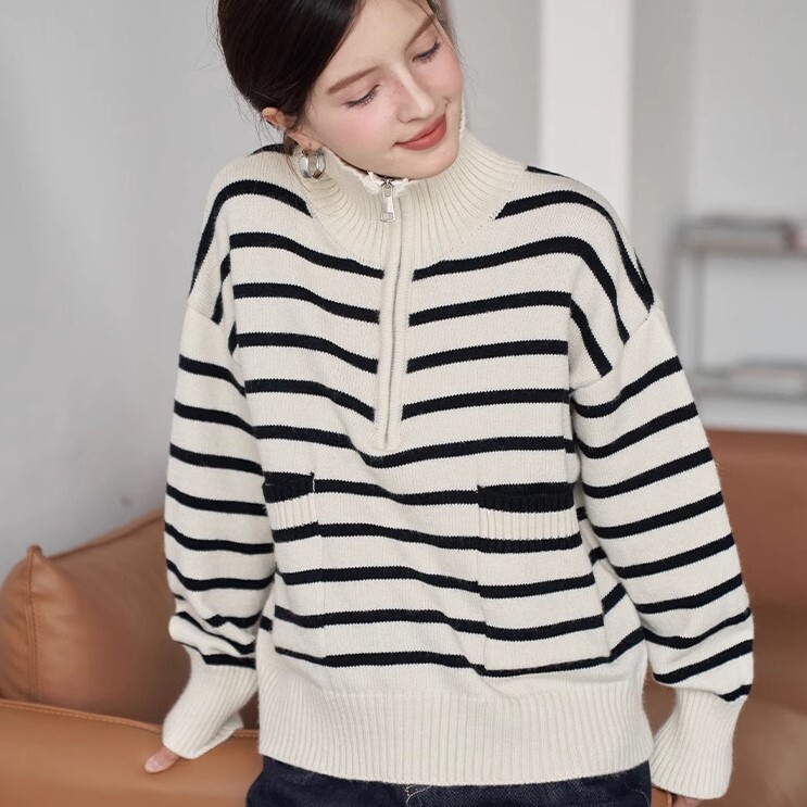 ハーフジップ タートルネックセーター ボーダー デート 高級 ニッチ セーター 長袖 かわいい 大人可愛い きれいめ シンプル カジュアル 大人 上品 おしゃれ お洒落 かっこいい レトロ 大人女子