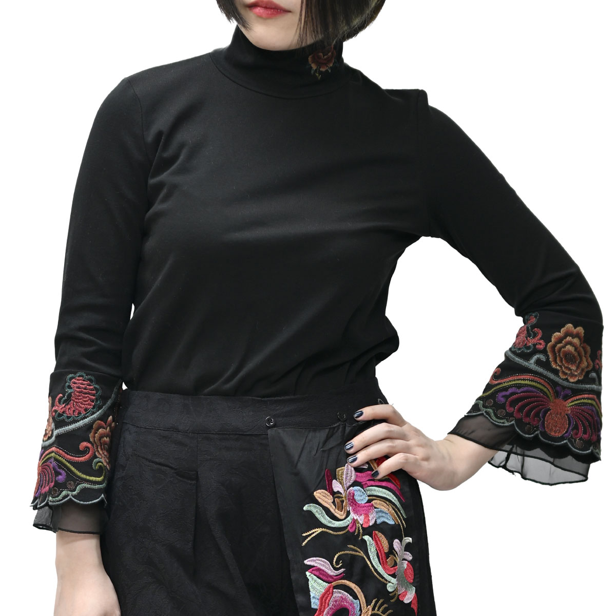 カットソー 長袖 レディース 春 夏 チャイナ 服 トップス 刺繍 柄 花柄 無地 ハイネック スタンドネック ボトルネック Tシャツ プルオーバー ロンT インナー アジアン エスニック ファッショ