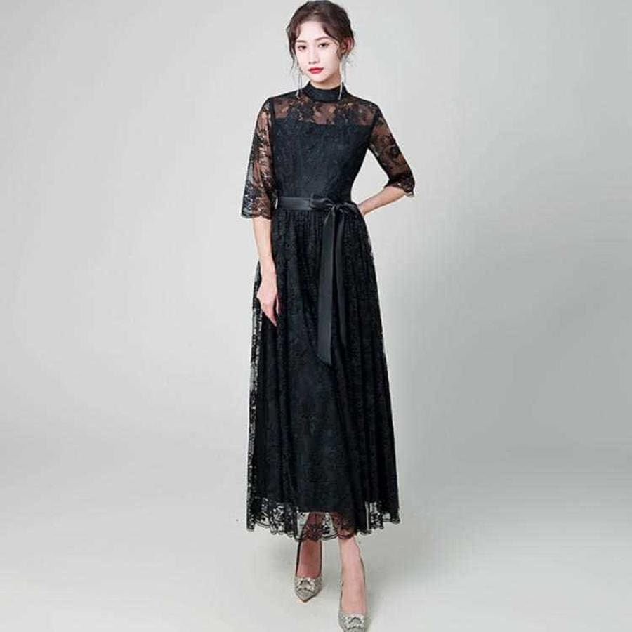 フレア総レースパーティードレスシースルー袖ロングスロング丈結婚式お呼ばれ七分袖披露宴二次会黒パーティードレスブラック203040レディースフォーマル春夏スドレス