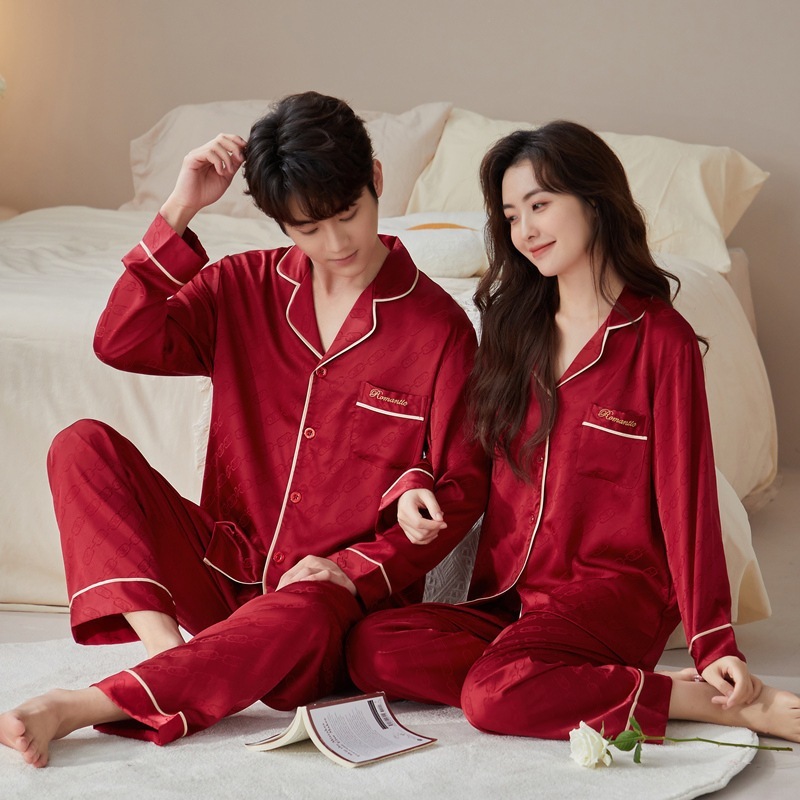 2023年新作カップルパジャマウェディングセットアイスシルク長袖レッドメンズ＆レディースシルクホームウェア