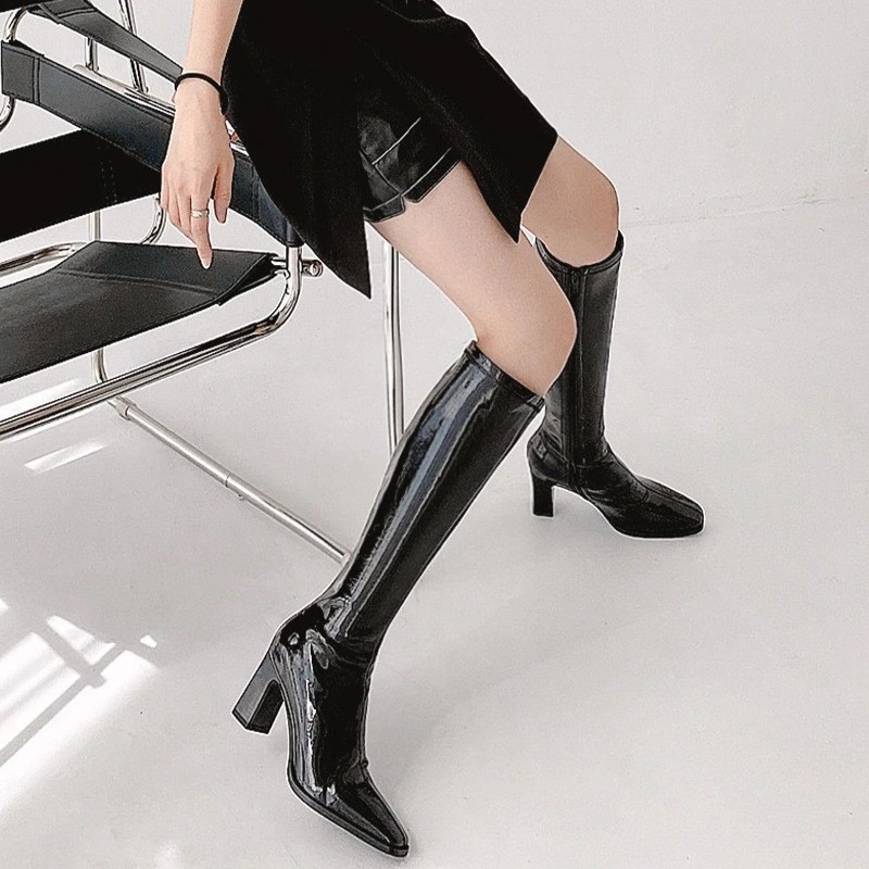 ヒ一ルパンプスフランス風ポインテッドトゥ ブーツ弾力パテントレザー 母の日