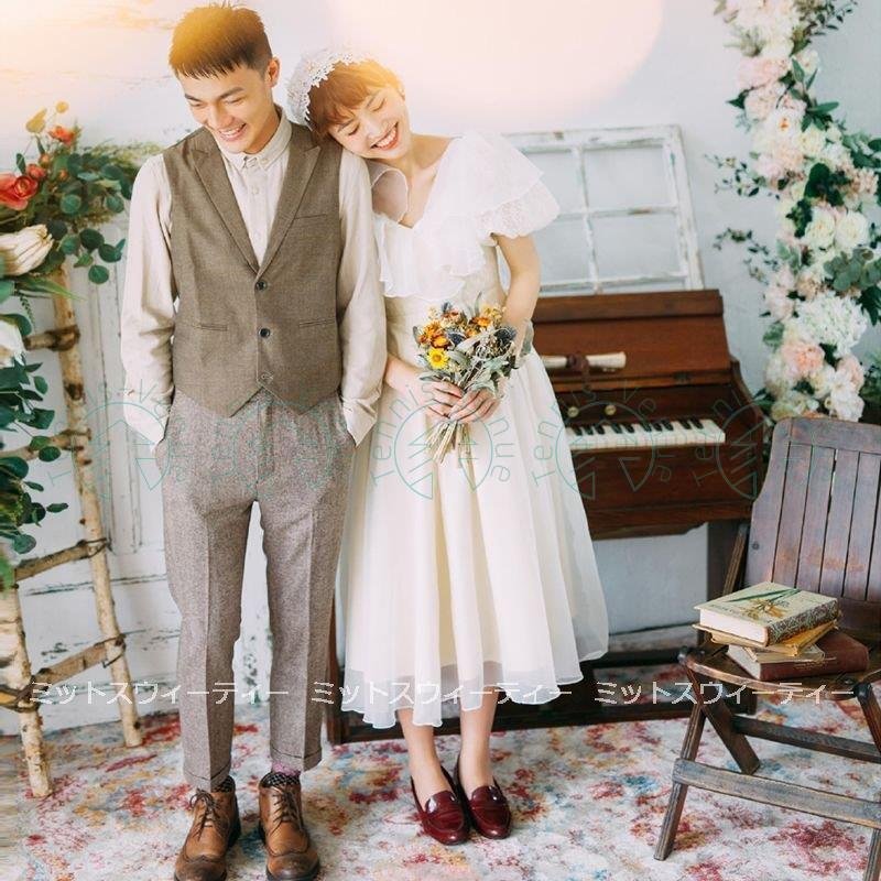 ウエディングドレス 袖あり 花嫁 二次会 aライン ミモレ丈ドレス 結婚式 リゾート ブライダル パ