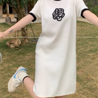 レディース ワンピース ミディアム丈ワンピース 半袖 Tシャツ カットソー プリントTシャツ ラウンドネック かわいい 大人可愛い きれいめ シンプル 上品 おしゃれ かっこいい レトロ