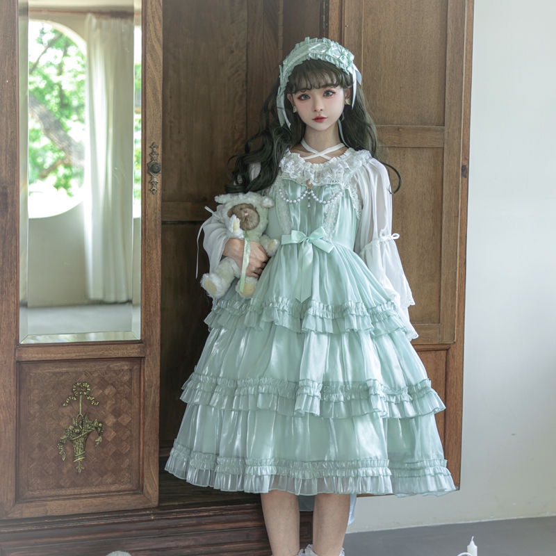 夏服新作 jskキャミソールスカート 可愛い ロリータ 二次元 ワンピース メイド 三段ケーキスカート 洋装 半袖 op日常 花嫁 茶会 6,800円