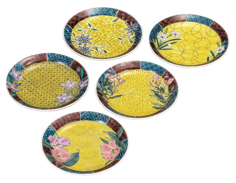 九谷焼いわたや 5.2号皿揃吉田屋草花絵変り K9-142