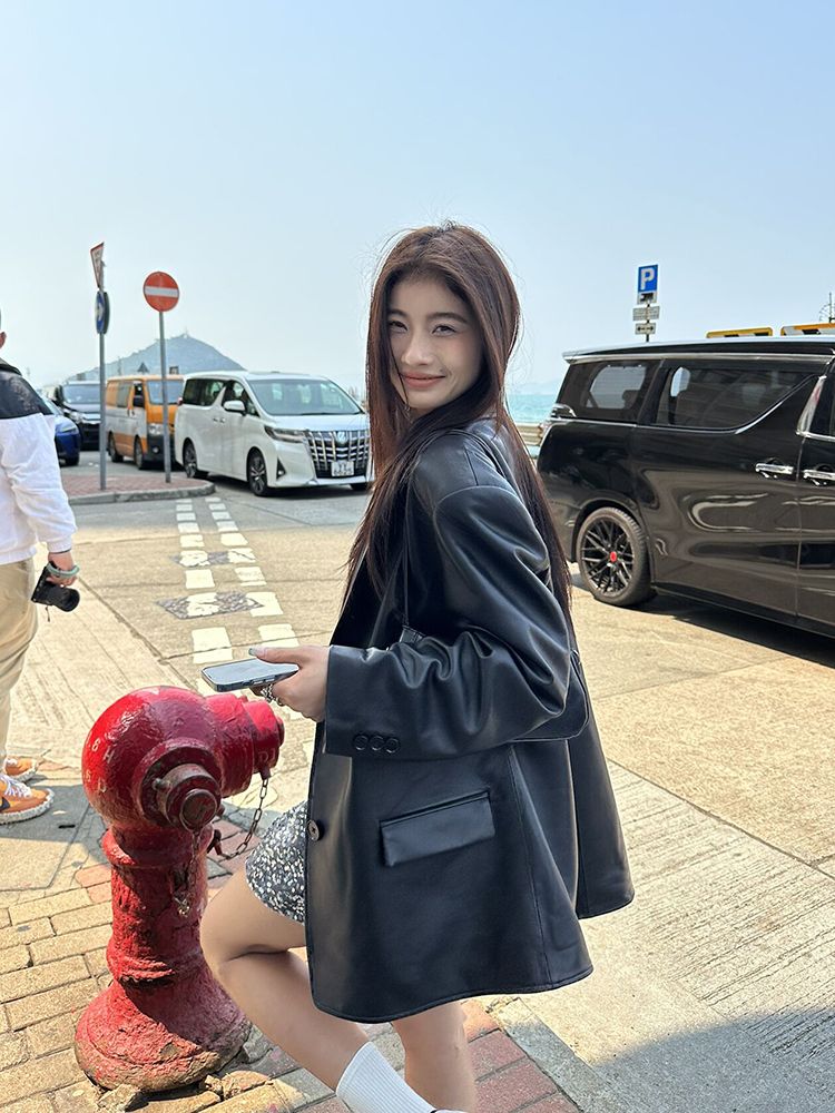 シンプルノーカラーコートアウター デザインプレミアムセンスヴィンテージスーツレザーコートジャケットルーズ レディースファッション