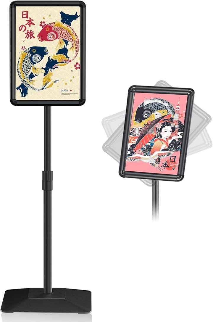 看板 案内板 縦横対応 掲示板 案内スタンド メニュースタンド 伸縮式ポール サインスタンド 自立式 店舗用看板 お知らせボード お店 会社 企業 飲食 (ブラック, A3)
