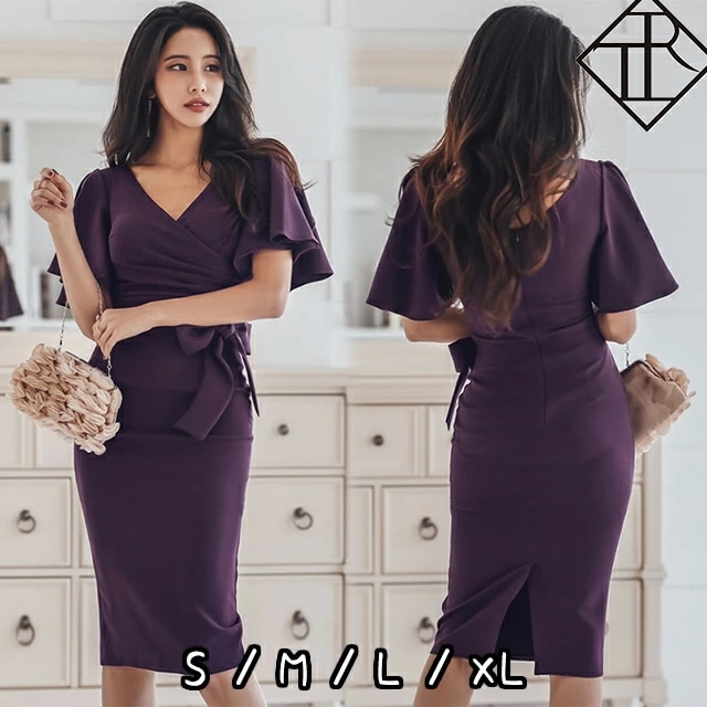 【即納】パーティードレス 結婚式 ドレス ワンピース レディース 二次会 お呼ばれ パーティー 大きいサイズ ミディアム ミディアムドレス 膝丈 膝下 エレガント フォーマル 半袖 フレア袖 二の腕カ