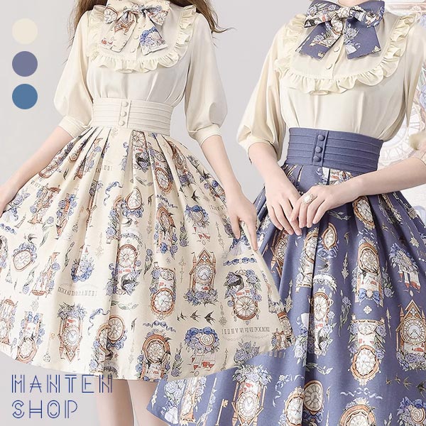 ロリータ スカート 花柄 ジャンパースカート シャツ追加可 トップス ミモレ丈 ジャンスカ レディース フレアスカート レトロ風 ゴスロリ 上品 ハイウエスト Aライン リボン フリル ロリータファッ