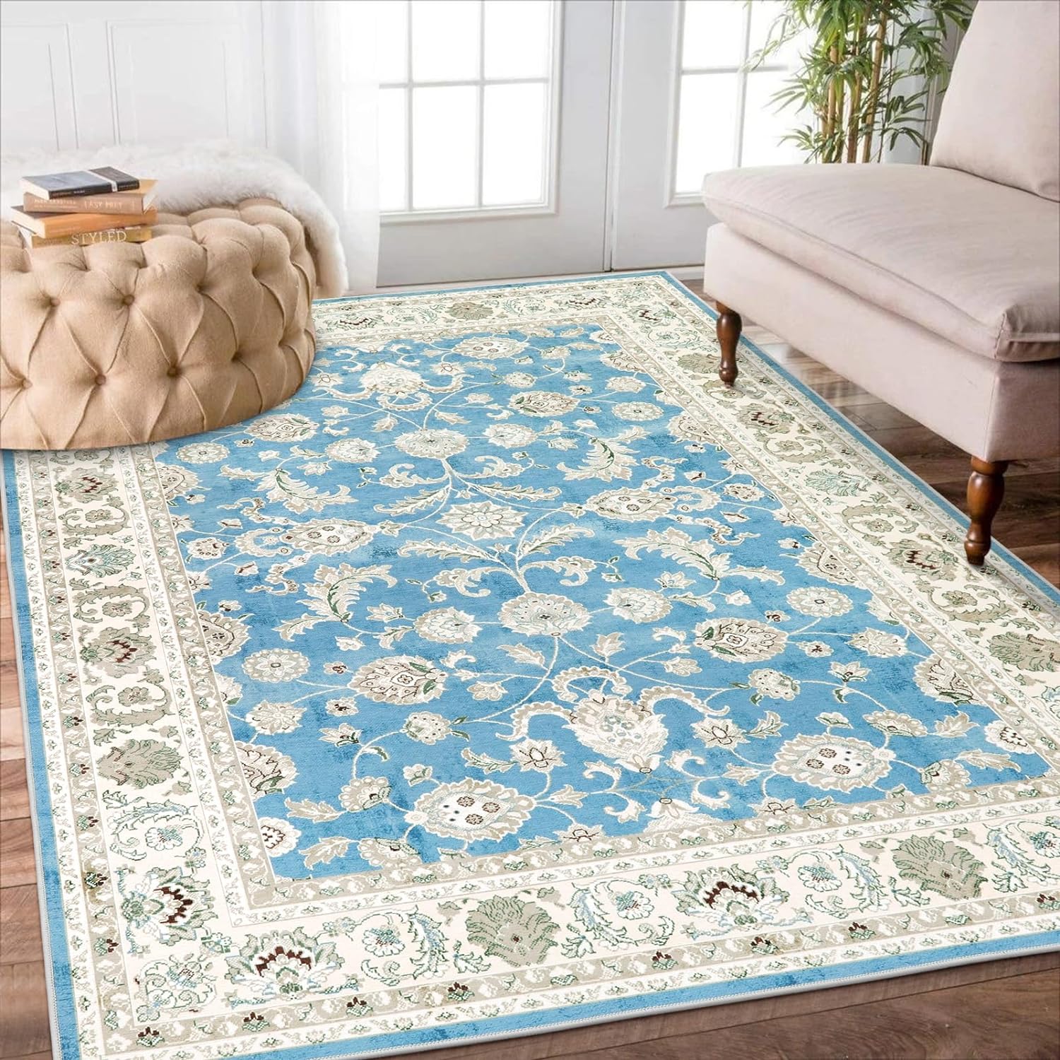 カーペット 夏用 1.5畳 ペルシャ絨毯風 おしゃれ 洗える ラグ 130х190cm 耐磨耗性 すべり止め 低反発 防音 室内用 ラグマット シェニール オールシーズン適用 抗菌防臭 花柄 ライトブ 5,035円
