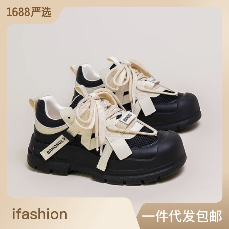 2023新品超火機甲風真皮おじさん靴ins女潮克杏織帯カジュアル軟厚底スポーツシューズ