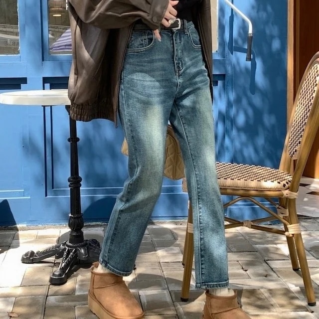 パンツ デニム ジーンズ ワイド ストレート ハイウエスト 脚長効果 美脚効果 細見え ウォッシュ 春 カジュアル 韓国ファッション レディース お出かけ