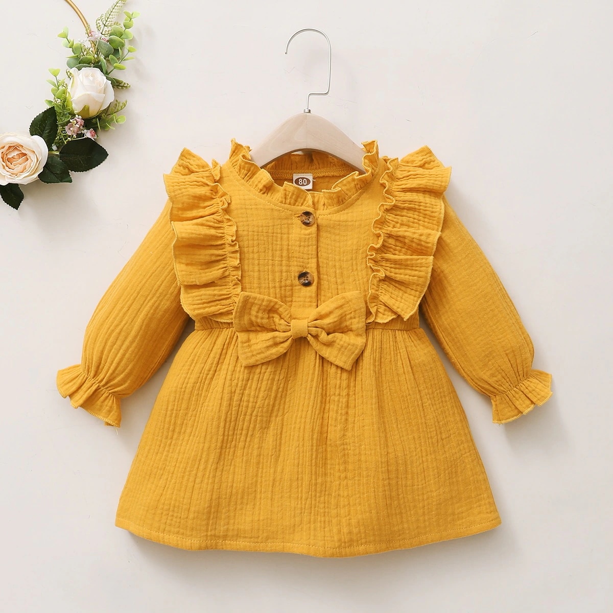 【1つ買うと10つ無料】女の子の春と秋のスタイル2025語の小さい子どもの小さい子供の丸い首のレース長い袖のソリッドカラーコットンンドレス