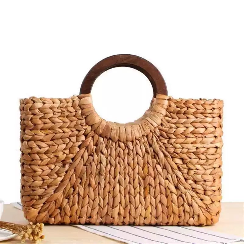 山葡萄風 かごバッグ 天然コーンハスク製 木製ハンドル付き トートバッグ バスケット レディース おしゃれ 夏かばん