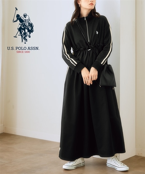 ロング・マキシ丈/半袖 U.S. POLO ASSN. 裏毛ライン入トラックワンピース