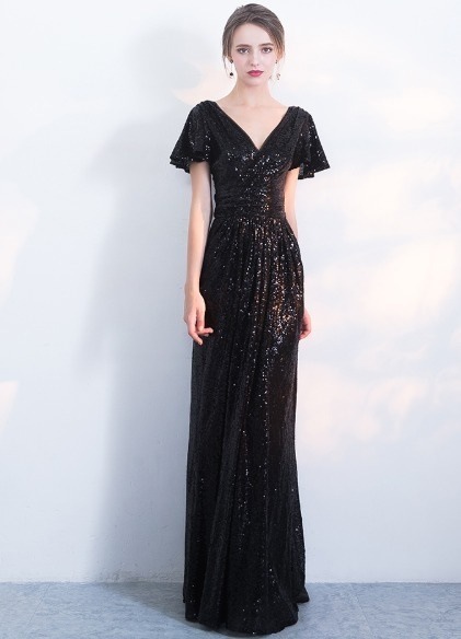 パーティードレス スパンコール ネック 半袖 結婚式 6色 マキシ丈 ロング タイト スリム 異素材ミックス 光沢 キラキラ感 パーティー 二次会 お呼ばれ ワンピース フォーマル 2018年新作