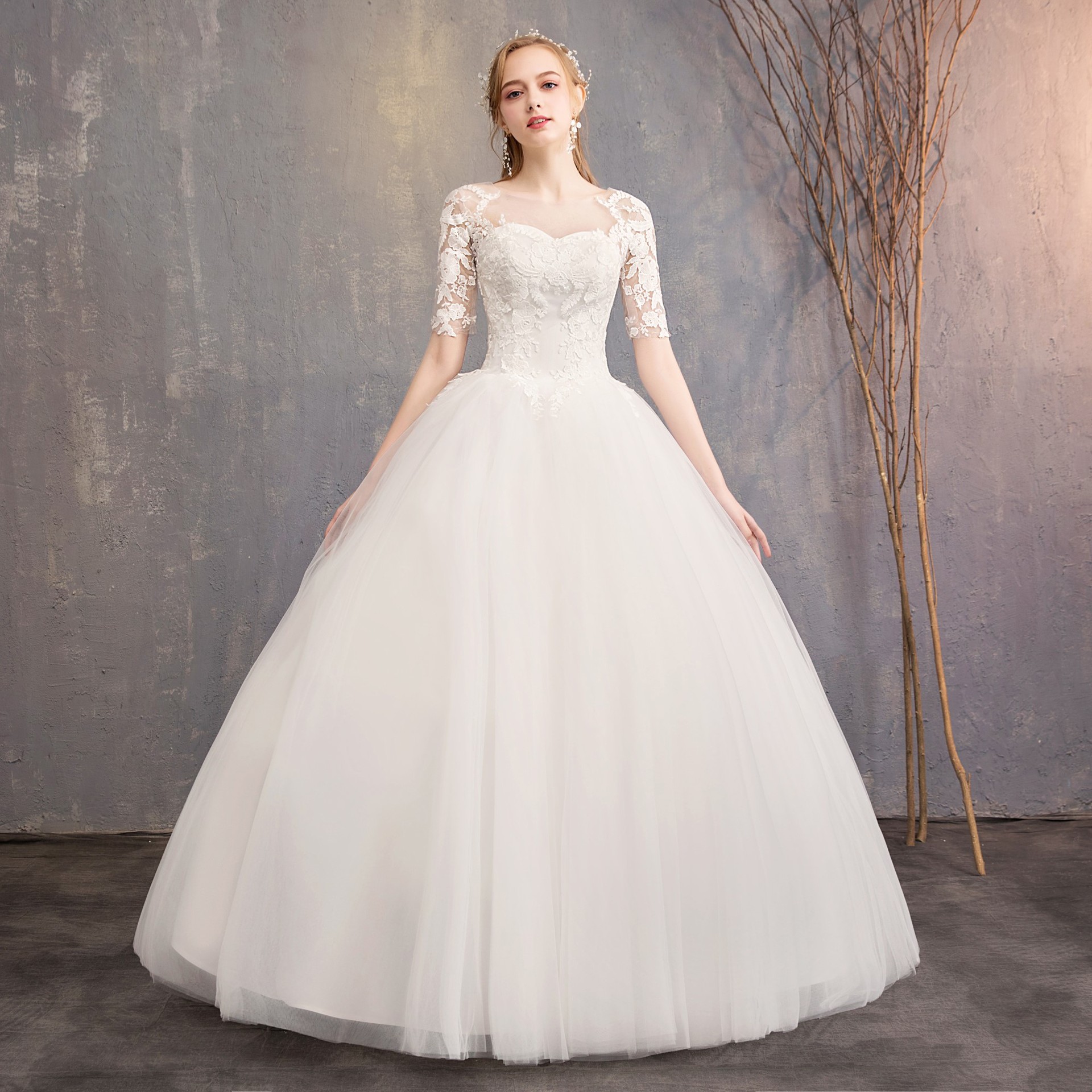 【3日で出荷】白 花嫁 ウエディングドレス 半袖 ロングドレス 結婚式 レース エンパイアライン プリンセス 優雅