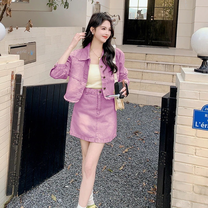 ツートーンデニム2ピーススーツ アウター 韓国 セットアップ 秋冬に着たい マキシスカート ショートスカート